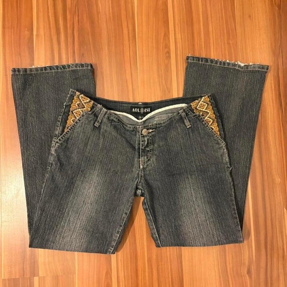 y2k ultra low rise flare jeans dark greye denim woven pocket details 31" waist